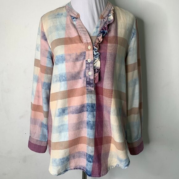 Isabella Sinclair Women's Pink Plaid Ruffle Long Sleeve Button Down Shirt XS - Picture 2 of 16